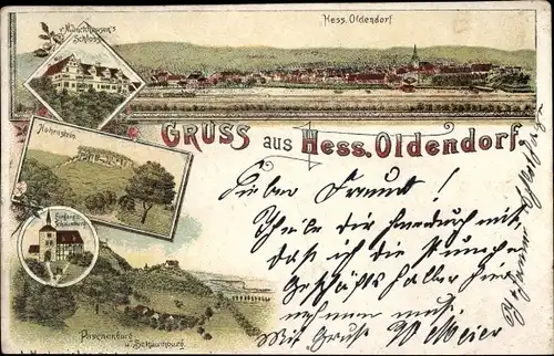 Litho Hessisch Oldendorf an der Weser, Gesamtansicht, Hohenstein, Schloss