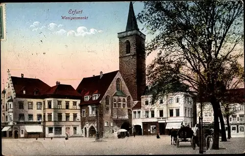 Ak Erfurt in Thüringen, Blick auf den Wenigenmarkt, Glockenturm, Kutschen, Geschäfte