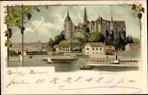 Litho Meißen in Sachsen, Albrechtsburg, Salondampfer