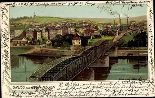 Litho Cölln Meißen Sachsen, Eisenbahnbrücke, Ortschaft