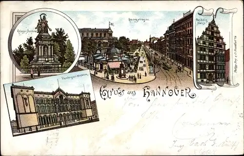 Litho Hannover in Niedersachsen, Georgstraße, Kriegerdenkmal, Leibnizhaus, Provinzialmuseum