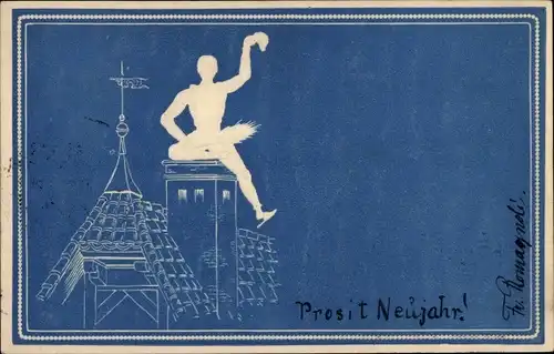 Künstler Präge Ak Prosit Neujahr, Mann auf Turm sitzend