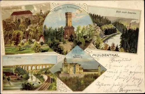 Litho Rochlitz an der Mulde, Turm Rechlitzer Berg, Blick nach Amerika, Schloss Rochsburg, Brücke