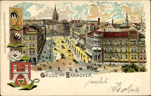 Litho Hannover in Niedersachsen, Bahnhofstraße, Wappen, Rheinischer Hof