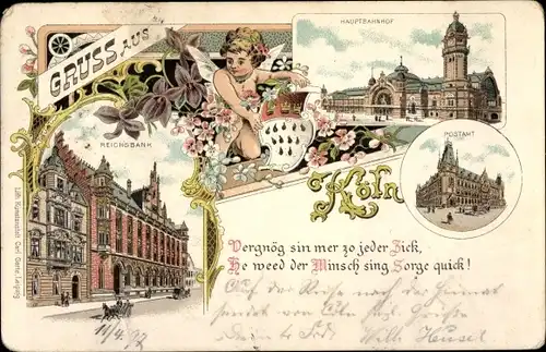 Litho Köln am Rhein, Reichsbahn, Hauptbahnhof, Postamt, Engel