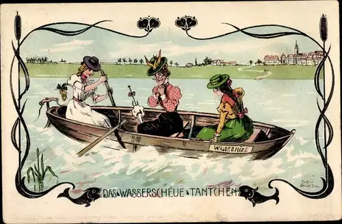 Künstler Ak Das wasserscheue Tantchen, Ruderpartie im Boot Wassernixe