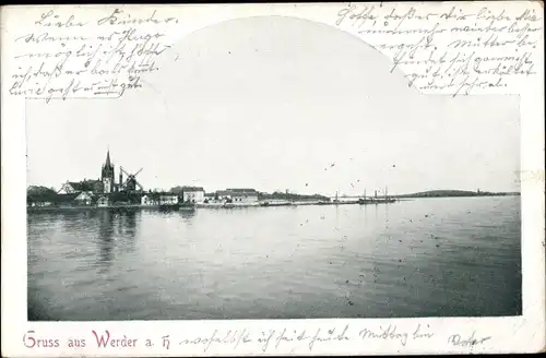 Ak Werder an der Havel, Blick vom Wasser zur Stadt, Windmühle