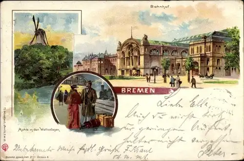 Litho Hansestadt Bremen, Bahnhof, Windmühle in den Wallanlagen