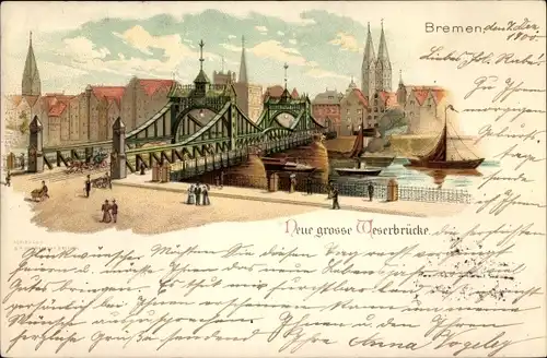 Litho Hansestadt Bremen, Neue Große Weserbrücke, Häuser, Kirche, Segelboote