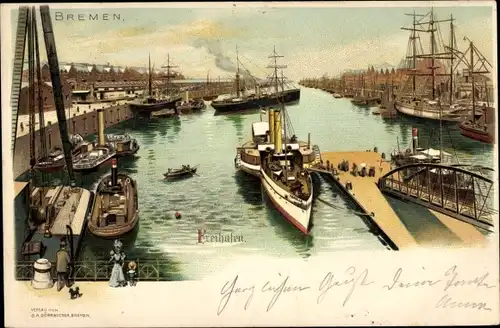 Litho Hansestadt Bremen, Freihafen, Segelschiff, Dampfer