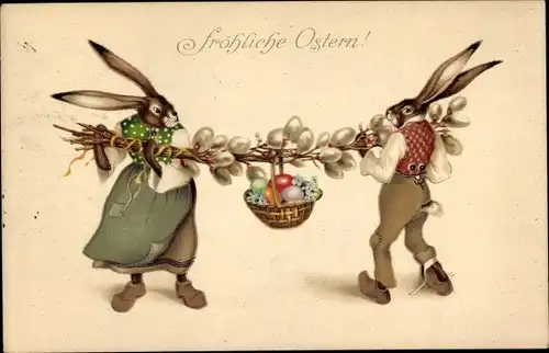 Ak Ostern, Osterhasen-Frau u. -Mann, Weidenkätzchen, Osterkorb,  "Fröhliche Ostern!"