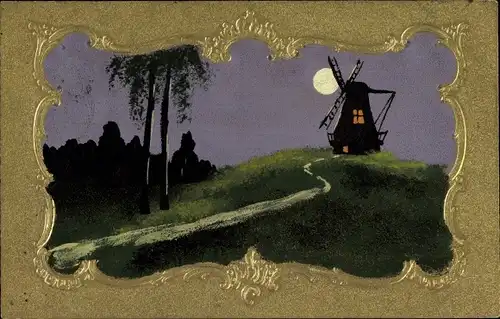 Passepartout Künstler Ak Mühle bei Vollmond