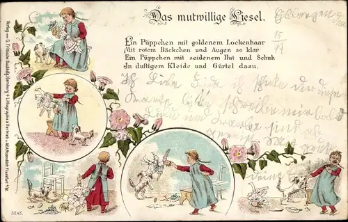 Litho "Das mutwillige Liesel", Mädchen zerstört Püppchen, Hund beißt sie