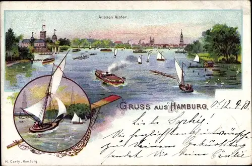 Litho Hamburg Nord Uhlenhorst, Außenalster, Segelboote