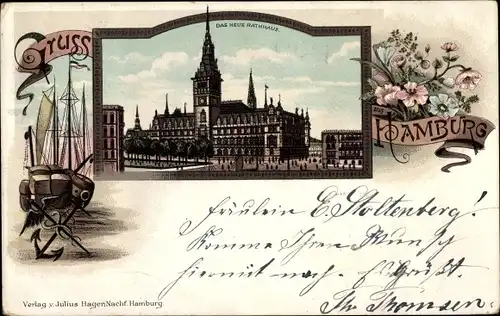 Litho Hamburg, das neue Rathaus, Segelboot, Blumen