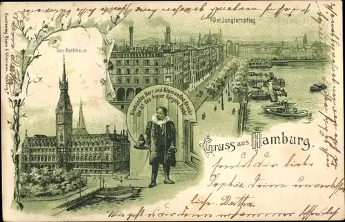 Litho Hamburg Mitte Altstadt, der Jungfernstieg, das Rathaus, Niemandes Herr und Niemandes Knecht