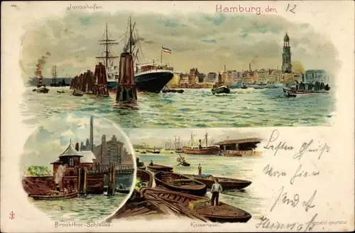 Litho Hamburg Mitte Altstadt, Jonashafen, Kaiserquai, Brookthor Schleuse