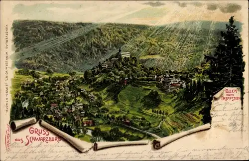 Künstler Litho Spindler, Erwin, Schwarzburg in Thüringen, Panorama, Sonnenschein