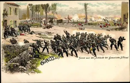 Litho St. Privat Gravelotte Lothringen Moselle, Schlachtszene, Bruno Bürger 13