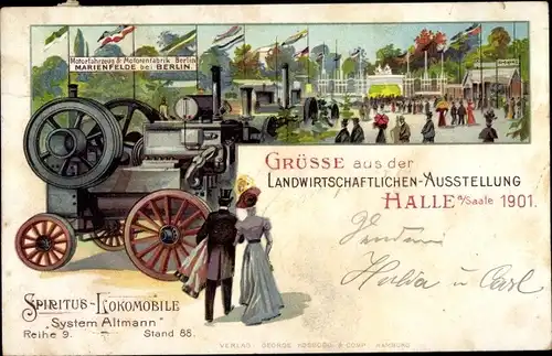 Litho Halle an der Saale, Landwirtschaftliche Ausstellung 1901, Spiritus Lokomobile, System Altmann