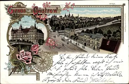 Litho Güstrow im Kreis Rostock, Blick auf das Schloss, Teilansicht der Stadt