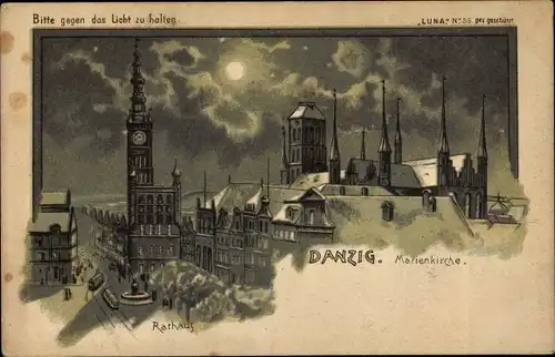 Mondschein Halt gegen das Licht Litho Gdańsk Danzig, Marienkirche, Rathaus