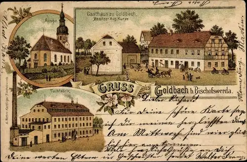 Litho Goldbach Bischofswerda im Kreis Bautzen, Kirche, Tuchfabrik, Gasthaus