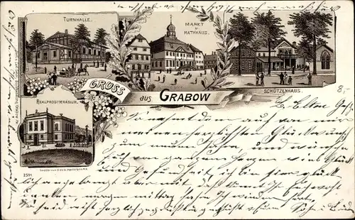 Litho Grabow in Mecklenburg, Turnhalle, Markt, Rathaus, Schützenhaus, Realprogymnasium