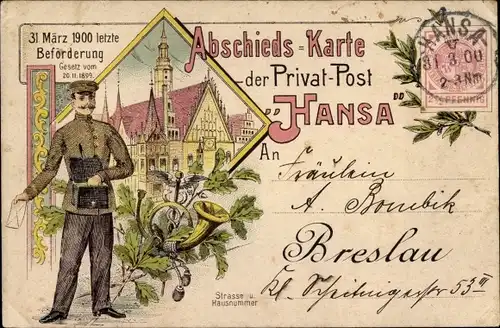 Litho Abschieds-Karte der Privat-Post Hansa, Briefträger