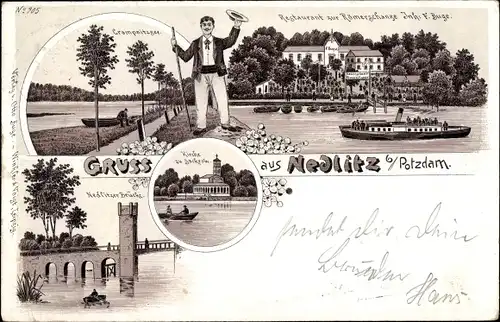 Litho Nedlitz Potsdam in Brandenburg, Restaurant zur Römerschanze, Kirche, Crampnitzsee