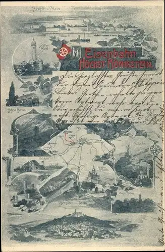 Litho Höchst Frankfurt am Main, Eisenbahn Höchst-Königstein, Leuchtturm, Landkarte, Schloss