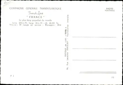 Ak Dampfer France, CGT French Line, Passagierschiff