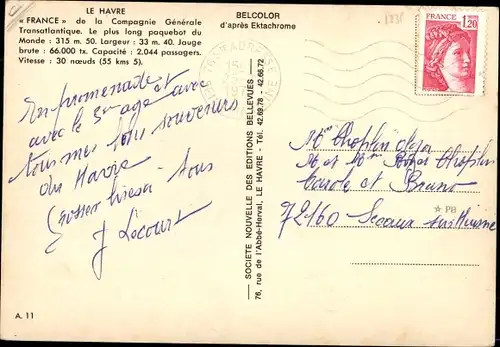 Ak Dampfer France, CGT French Line, Passagierschiff