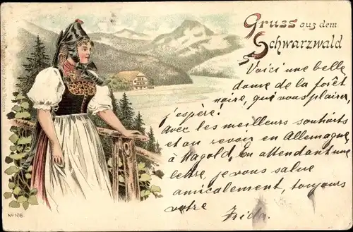 Litho Trachten Schwarzwald, Schwarzwälderin in Tracht, Landschaftsmotiv