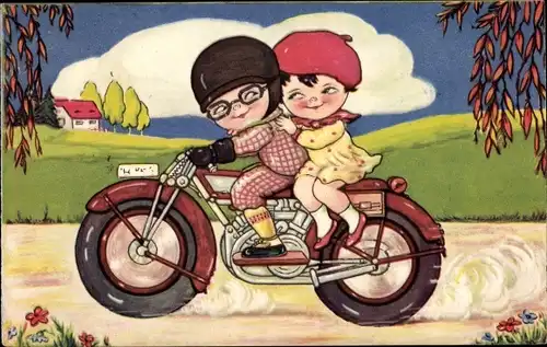 Ak Kinder fahren Motorrad, Liebespaar, Ausflug