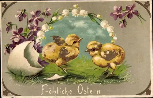 Präge Ak Glückwunsch Ostern, Küken, Veilchen, Maiglöckchen