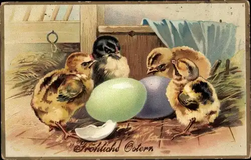 Präge Ak Glückwunsch Ostern, Küken, Ostereier, Hühnerstall, Heu
