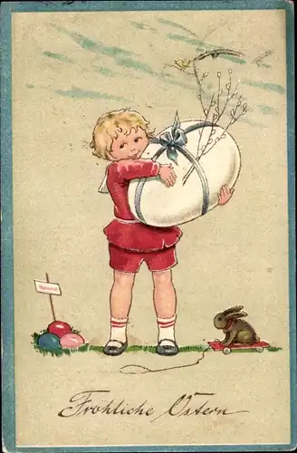Ak Glückwunsch Ostern, Junge mit Osterei, Hase