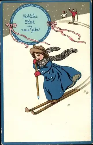 Präge Ak Glückwunsch Neujahr, Skifahrt