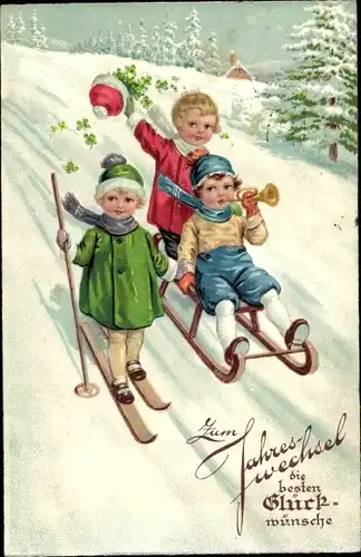 Ak Glückwunsch Neujahr, Kinder, Schlitten, Ski, Glücksklee
