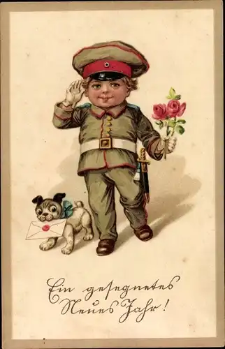 Ak Glückwunsch Neujahr, Soldat, Rose, Hund