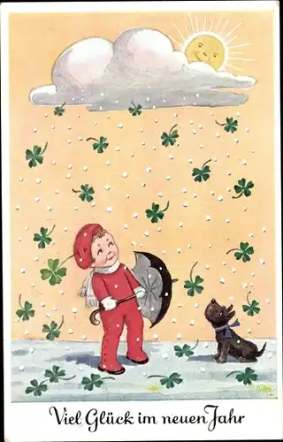 Ak Glückwunsch Neujahr, Kind mit Regenschirm, Glücksklee, Hund, Sonnenschein, Wolke