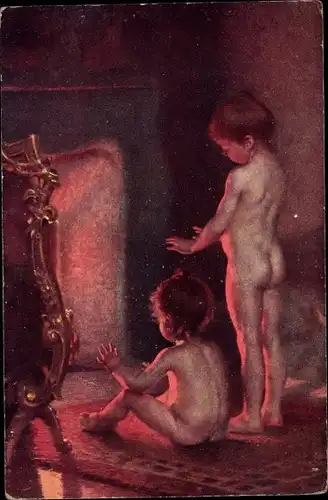 Künstler Ak Peel, P., Vor dem Feuerherd, Kinder wärmen sich