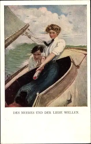 Künstler Ak Underwood, Clarence, Skipper and Mate, Mann und Frau in einem Segelboot