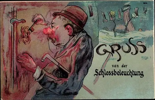 Ak Betrunkener Mann mit roter Nase öffnet die Tür, Schlossbeleuchtung