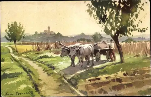 Künstler Ak Kühe, Fuhrwerk, Landwirtschaft, Heu