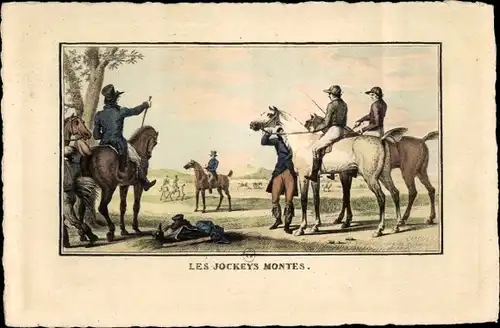 Ak Les Jockeys Montes, Menschen zu Pferden
