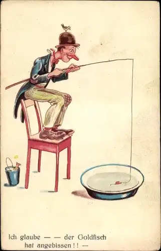 Ak Mann beim Angeln, Waschwanne, Eimer, Ich glaube, der Goldfisch hat angebissen