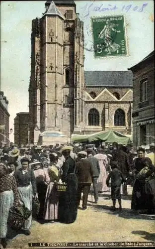 Ak Le Tréport Seine Maritime, le Marché et le clocher de Saint Jacques