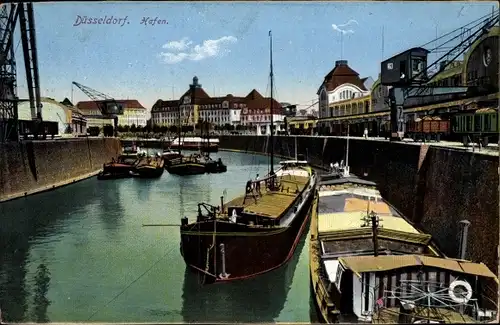 Ak Düsseldorf am Rhein, Hafenpartie, Lastkähne, Kräne
